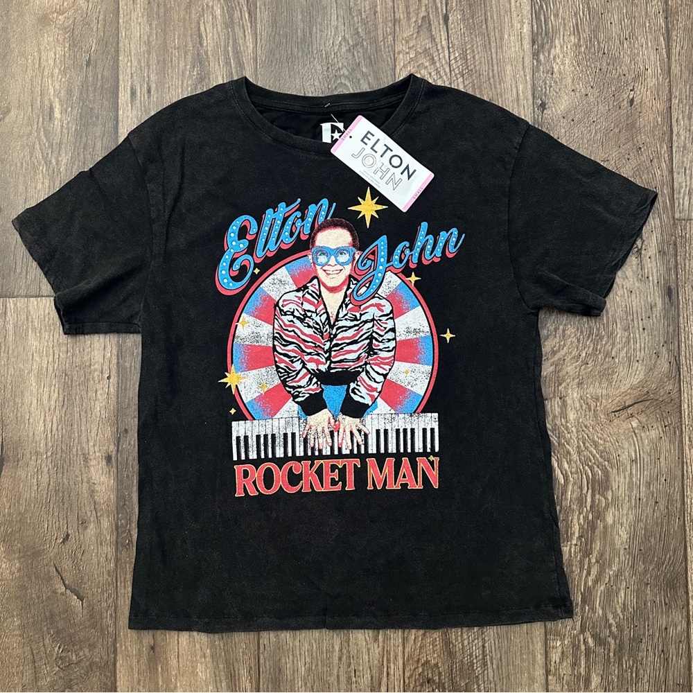 Elton John Rocket Man 100% Cotton Graphic T-Shirt Women's Size S Black